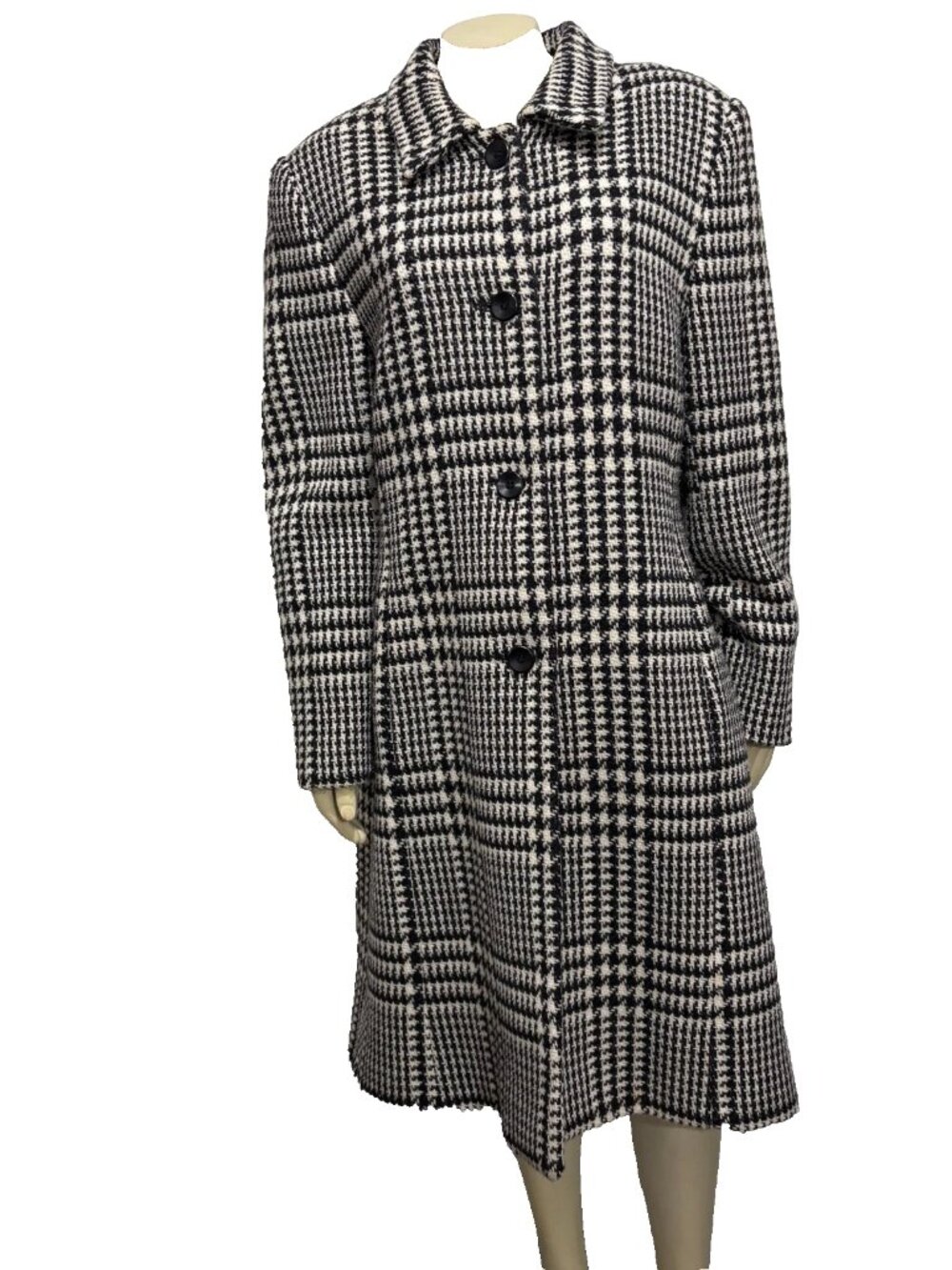 Talbots 14 Black White Glen Check Houndstooth Wool Knee-Length Lined Coat
